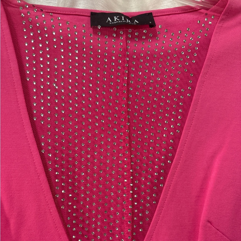 AKIRA Hot Pink Feather Rhinestone Mini Dress S Slit Party Cocktail - Picture 5 of 13